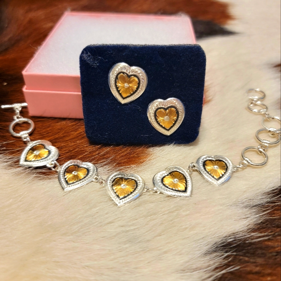 Ladies Justin Boots Brand Silver Black Gold Heart Earrings Bracelet Set 19$